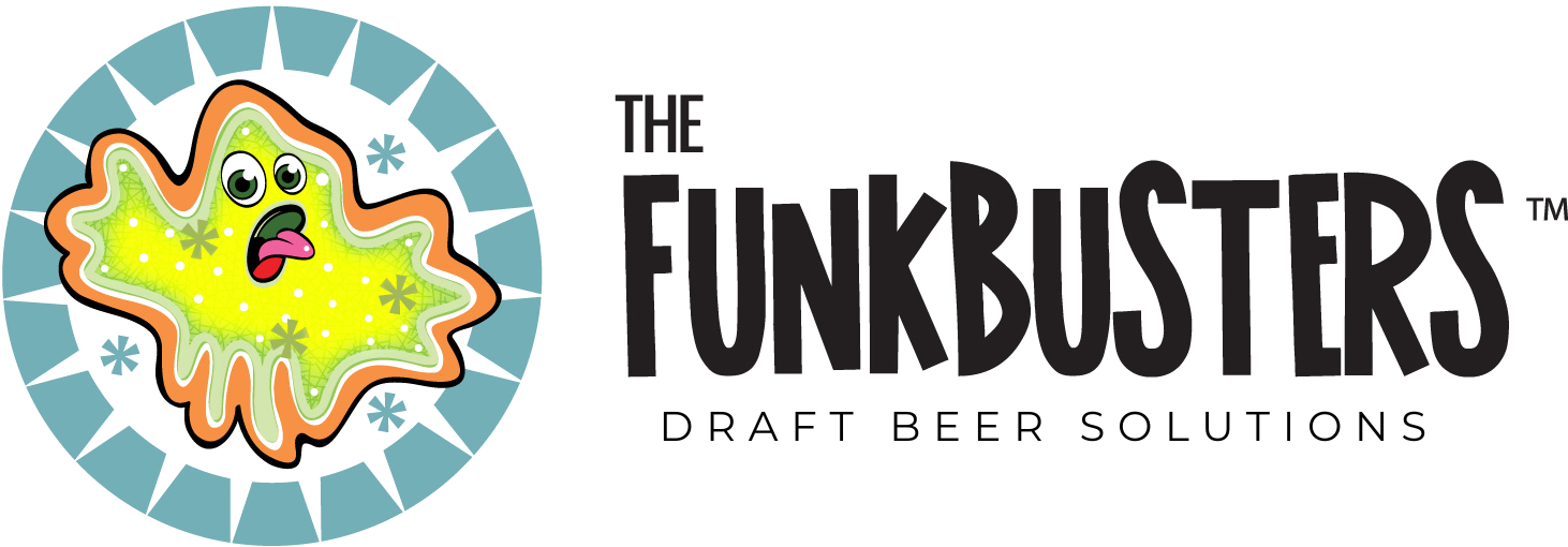 A green cartoon germ with a surprised face is in the center of a blue circle, next to the words "The Funkbusters" in bold black letters—a playful nod to Tacoma and the spirit of Puget Sound.