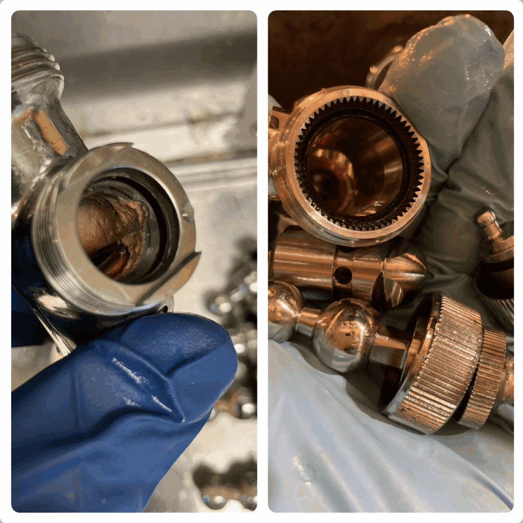 A gloved hand holds metal plumbing fittings; the left fitting, from a tap line, shows buildup inside, while the right fittings look clean and polished—essential for quality beer tap repair in Puget Sound.