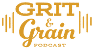 Gold "Grit & Grain Podcast" logo with stylized text and barbell illustrations on either side, inspired by Tacoma's tap line culture in the Puget Sound region.