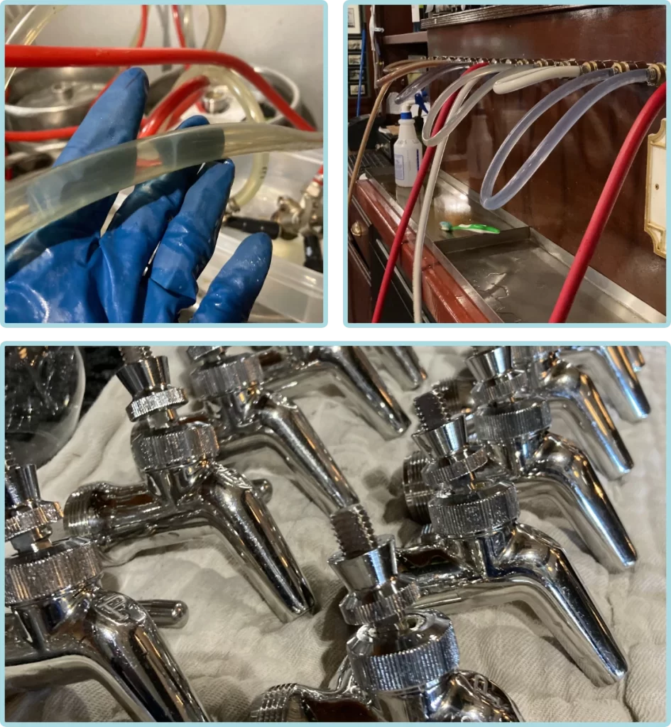Collage showing gloved hands holding clear tubing, hoses attached to a counter, and several metal beer taps arranged in a row—capturing the precision of beer tap repair in Tacoma near Puget Sound.