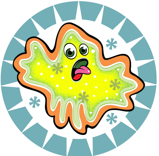 A cartoonish, green, blob-shaped germ with a surprised expression is centered on a circular, blue and black spiked background with snowflake patterns—perfect for a Tacoma beer tap repair ad near Puget Sound.