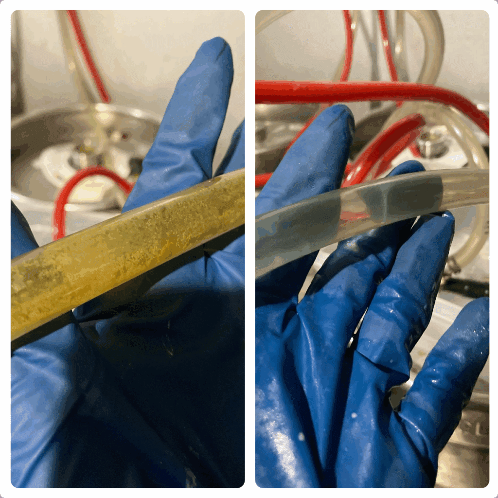 Side-by-side photos of a gloved hand holding a dirty hose with residue (left) and the same hose clean and transparent (right), with tanks and red tubes in the background.