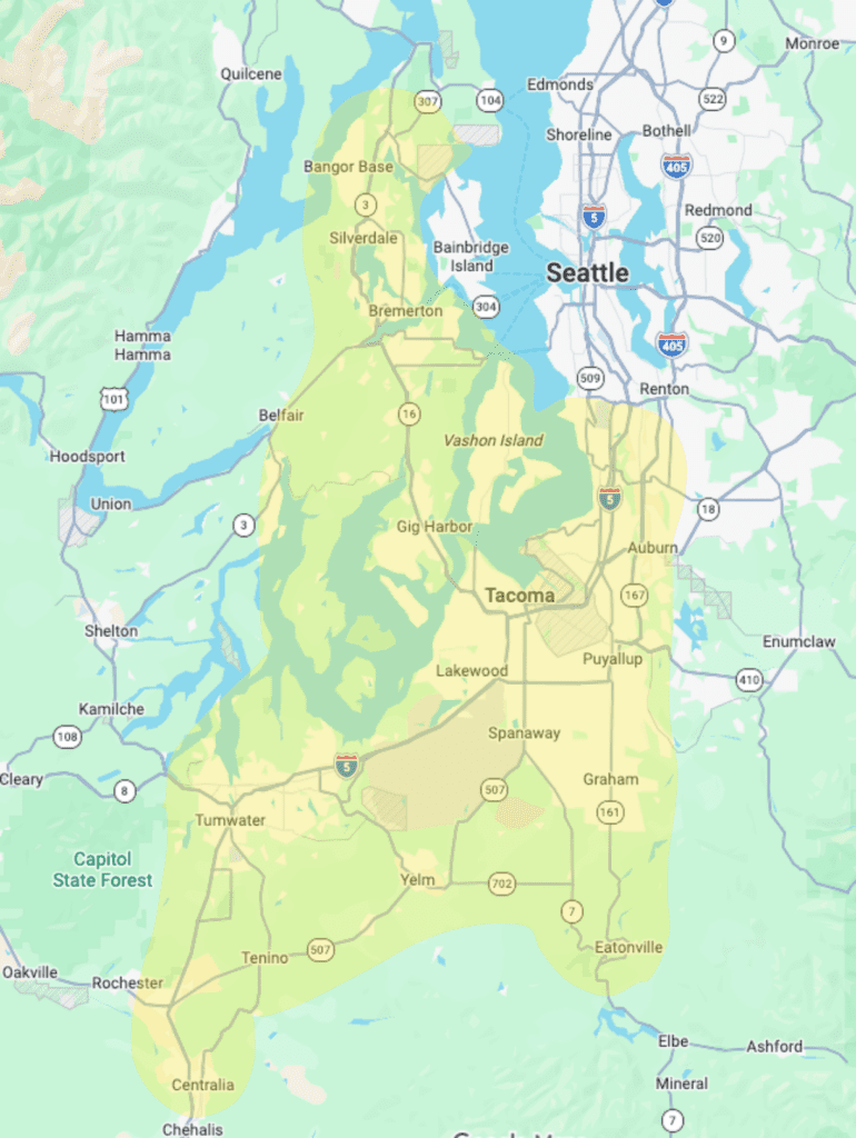 A map highlighting the area between Seattle and Centralia in Washington State, including Tacoma and surrounding cities, shaded in yellow.