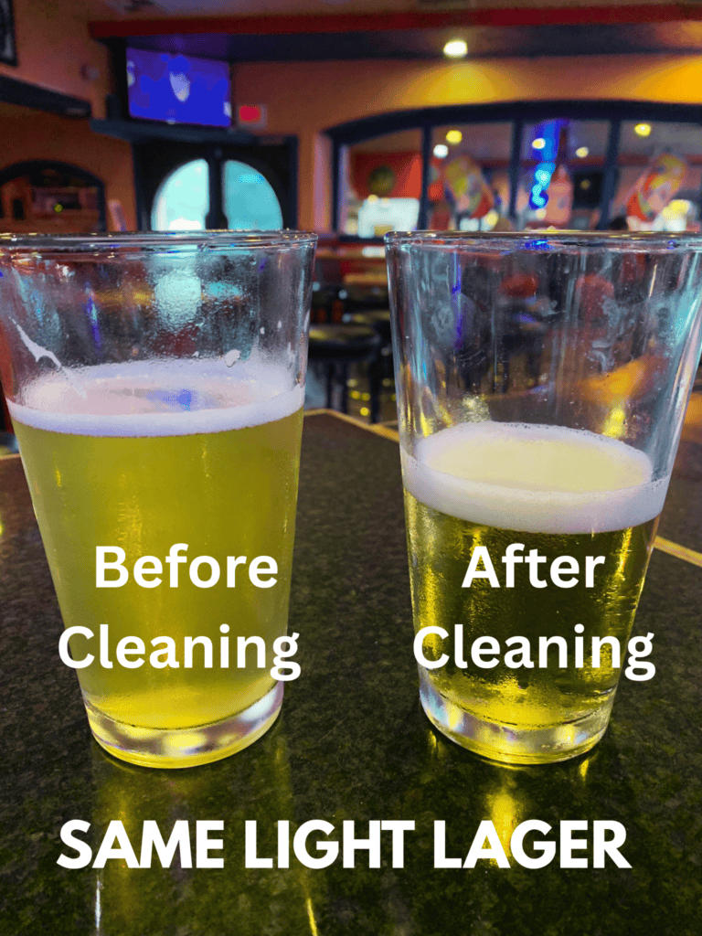 Two glasses of light lager on a table, labeled “Before Cleaning” with hazier beer and “After Cleaning” with clearer beer; text at bottom reads “SAME LIGHT LAGER.”.